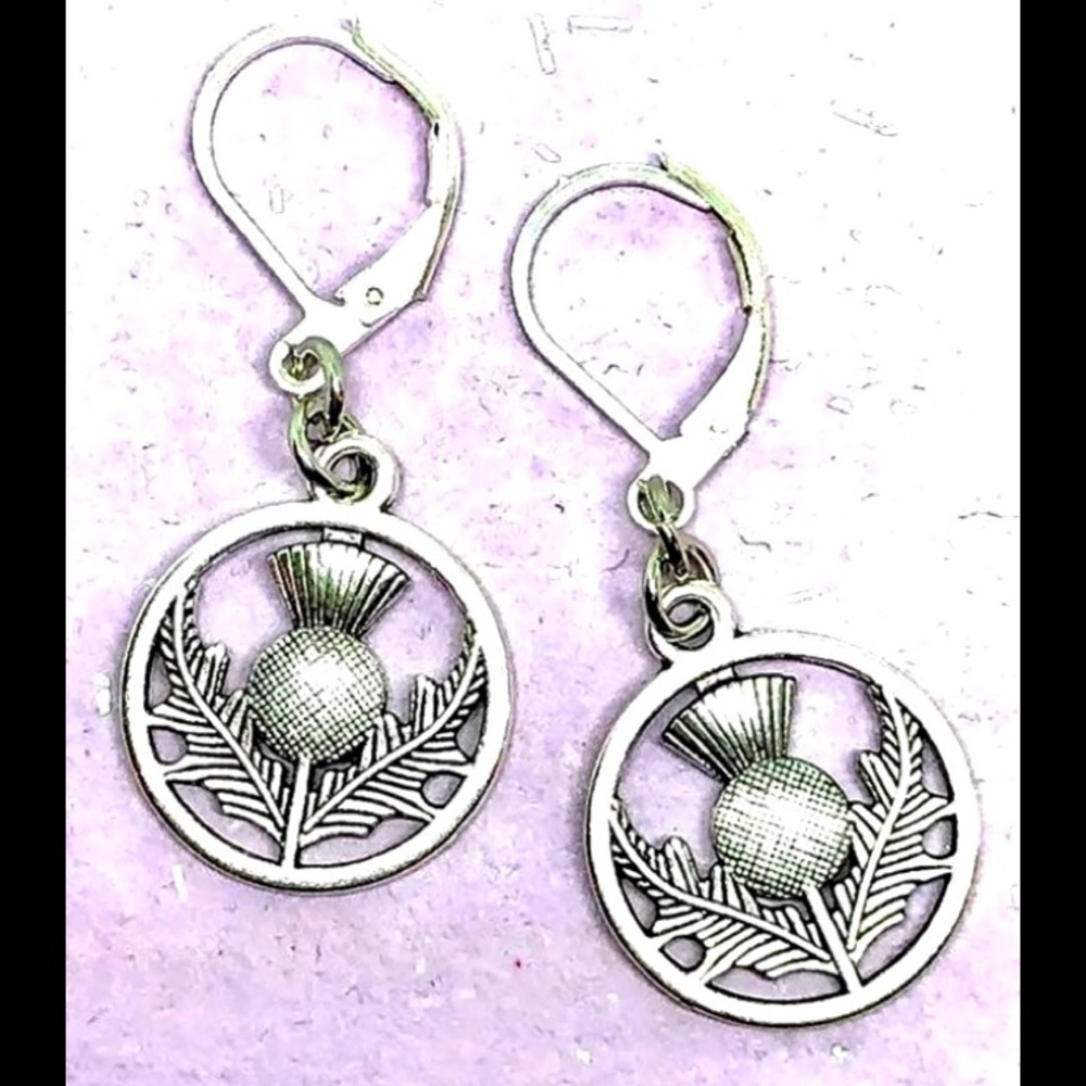 Scottish Thistle Scotland National Flower Circle Round Dangle Leverback Earrings